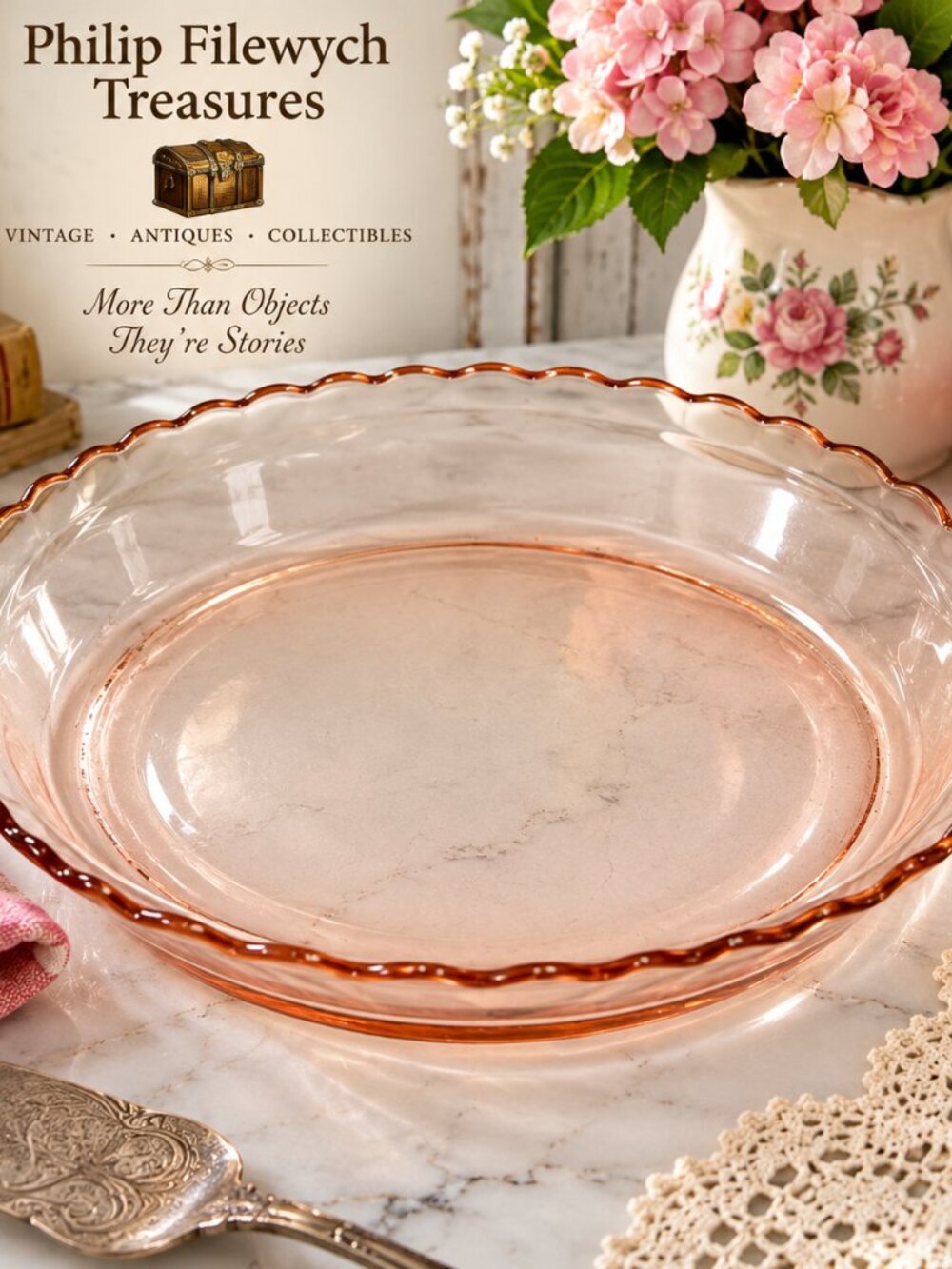 PP-05--Vintage 1930s Pink Depression Glass Pie Plate 12" Scalloped Brown Rim